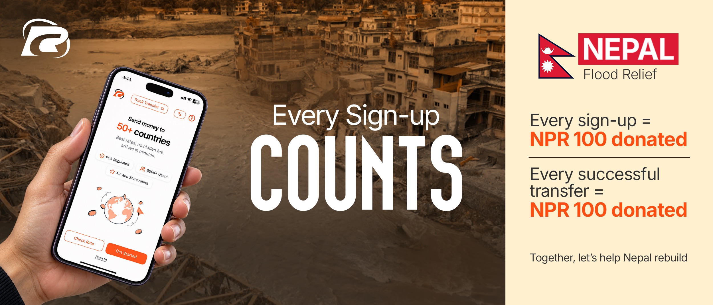 Remit Choice Nepal flood relief campaign showing NPR 100 donated for every eligible sign-up and successful transfer to help Nepal rebuild.